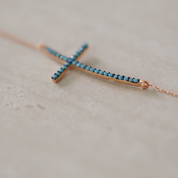 Turquoise Cross Necklace | 14k Rose Gold Plated - Picture 3 of 7